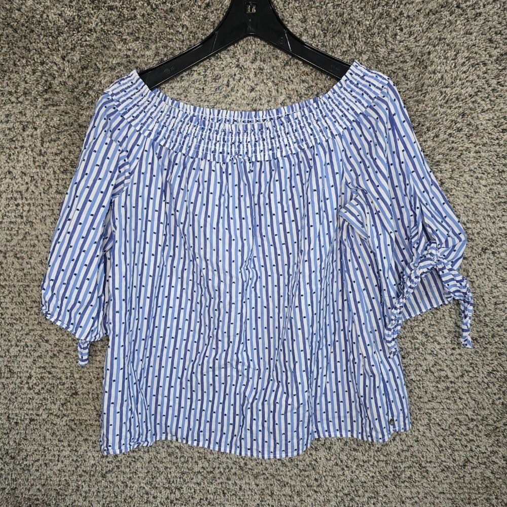 Scotch & Soda Top Womens Medium Blue Striped Off The Shoulder Tie‎ Sleeve Blouse